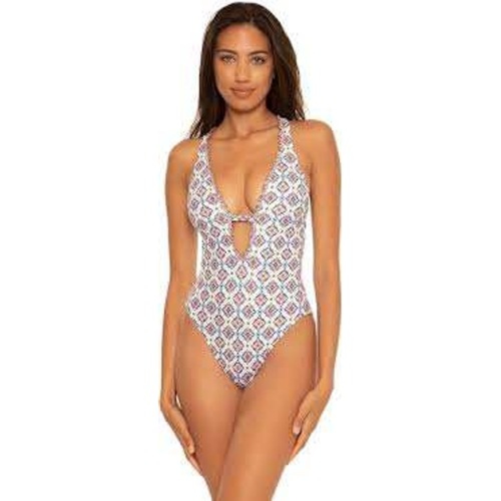Rebecca Virtue Becca One Piece Swimsuit Medium Blue Geometric Tile Ribbed NWT